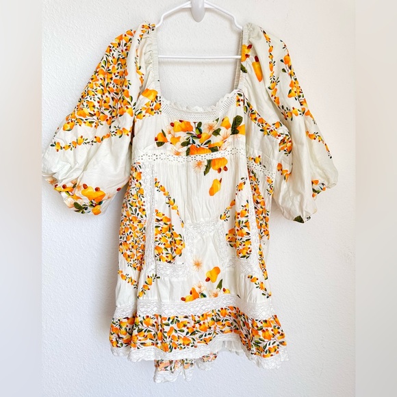 NWOT Farm Rio Cashew Puff-Sleeve Mini Dress Oversize Crochet Trim Boho XL - Picture 14 of 17